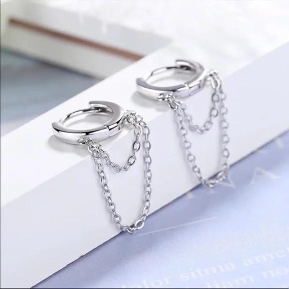 HOOP CHAIN 925 STERLING SILVER EARRINGS, NICE EARRINGS, CUTE EARRINGS - Picture 2 of 5